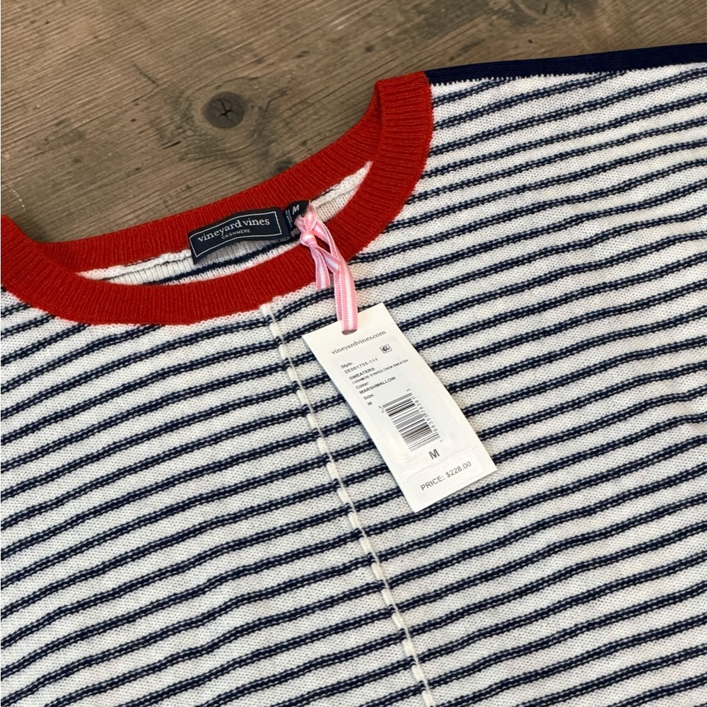 Vineyard Vines Striped Cashmere Crew Sweater Red/ Blue Medium NWT MSRP $228